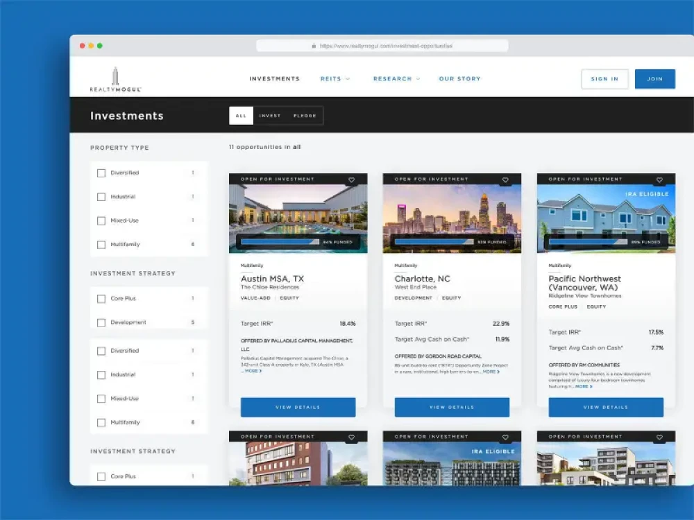 RealtyMogul website screenshot(s) for Brightspot CMS case study