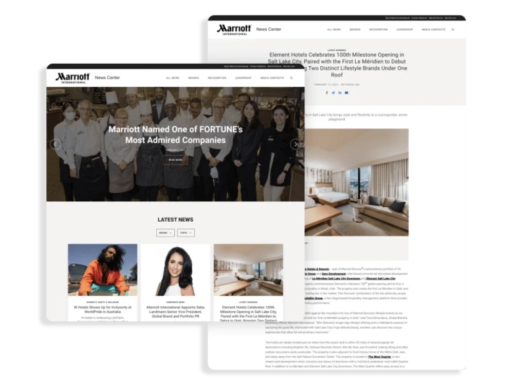 screenshots from Marriott International's newsroom